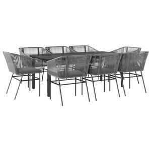 vidaXL Ensemble à manger jardin coussins 9 Pièces gris poly rotin verre