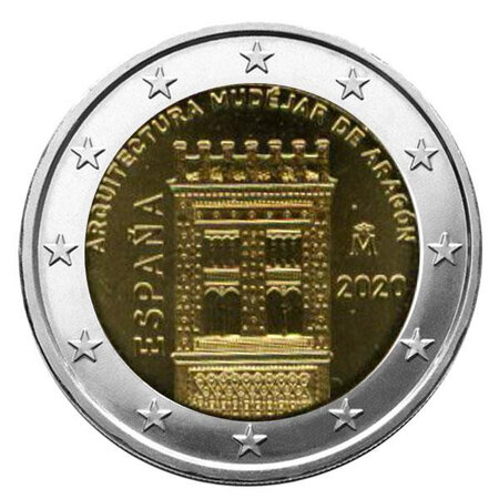 Monnaie 2 euros commémorative espagne 2020 - architecture mudéjare d'aragon