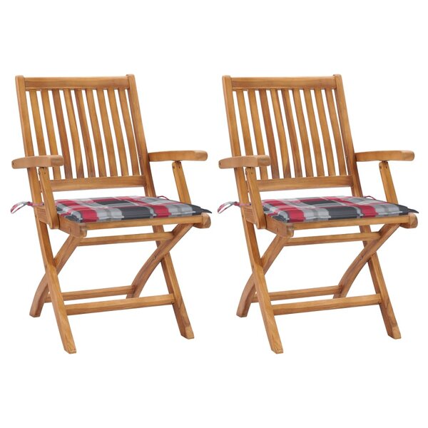 vidaXL Chaises de jardin lot de 2 avec coussins à carreaux rouge Teck