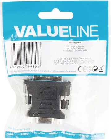 Adaptateur Valueline DVI-I mâle vers VGA femelle (D-sub DE-15) (Noir)