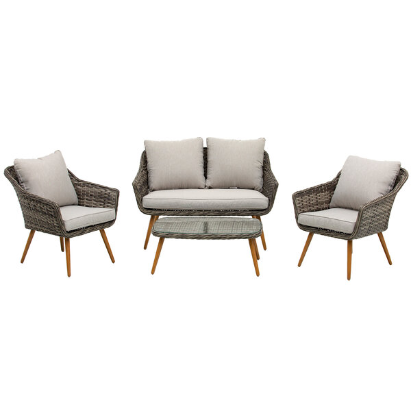 Salon de jardin 4 places 4 pièces design scandinave métal époxy résine tressée imitation rotin coussins inclus gris