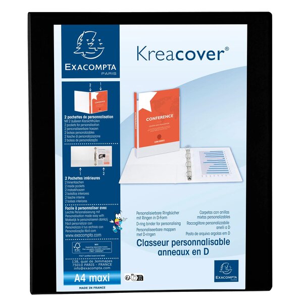 Classeur Pp Personnalisable Kreacover - 4 Anneaux En D 30mm - A4 Maxi - Noir - X 10 - Exacompta