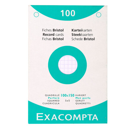 Étui de 100 fiches bristol quadrillé 5x5 perforé 100x150mm Blanc EXACOMPTA
