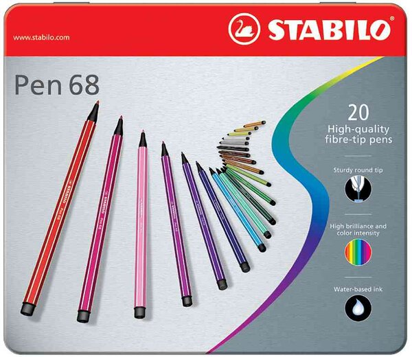 Boîte métal Lot de 20 Feutre de Dessin PEN 68 Pointe Moyenne 1 mm STABILO