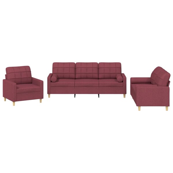 vidaXL Ensemble de canapés 3 Pièces avec coussins rouge bordeaux tissu