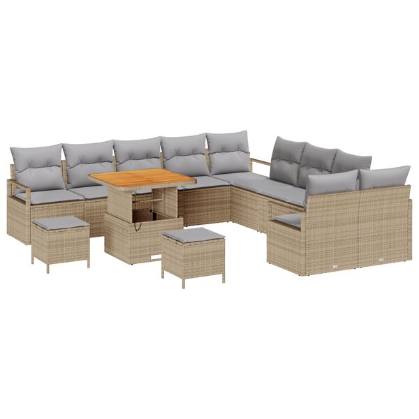 vidaXL Canapé de jardin 13 pièces avec coussins en poly rotin beige et acacia