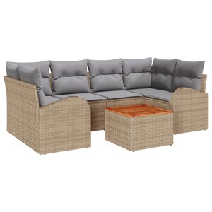 vidaXL Ensemble de Canapés de Jardin 7 Pièces avec Coussins Beige Rotin Poly Acacia