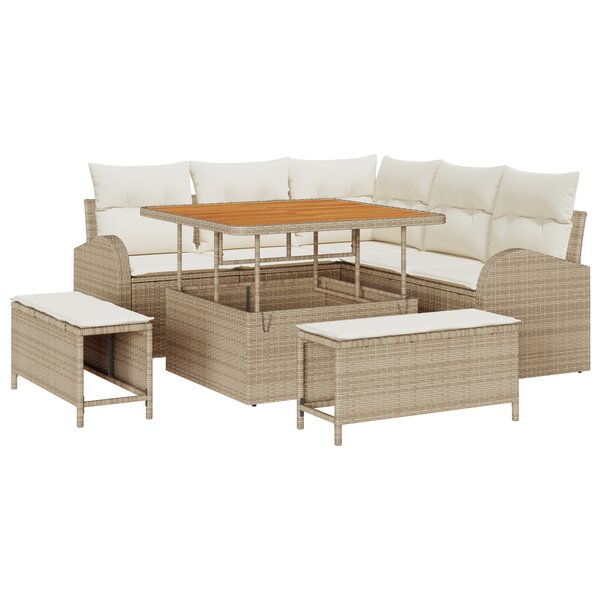 Ensemble de canapé de jardin 8 pièces avec coussins beige en poly rattan acacia