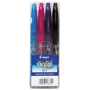 FriXion Ball Stylo roller encre gel effaçable pointe moyenne 0,7 mm - 4 couleurs assorties (Turquoise, Rose, Violet, Marron)