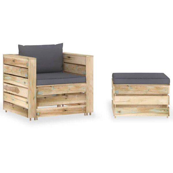 vidaXL Salon de jardin 2 Pièces avec coussins Bois imprégné de vert