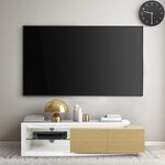 Meuble TV contemporain 2 portes + LED - Contemporain - Décor chene et blanc brillant - L 150 x P 45 x H 40 cm - VIRGOS
