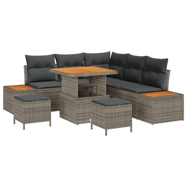 vidaXL Ensembre de jardin 8 pièces avec coussins gris en poly rattan et acacia