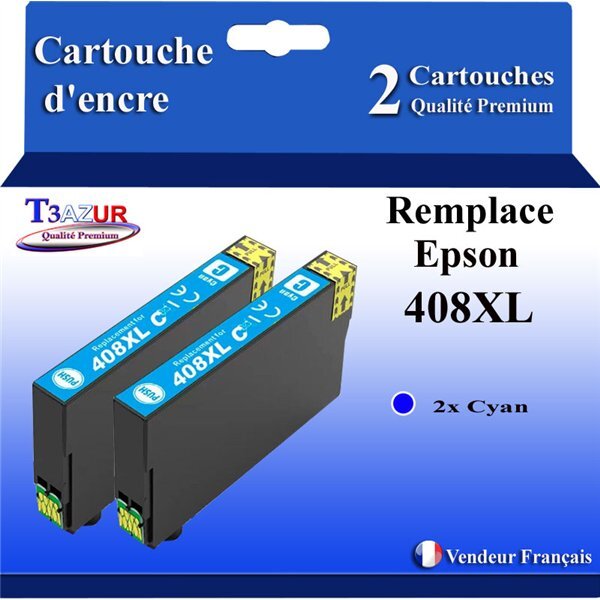 T3AZUR - 2x Cartouches compatibles avec Epson WorkForce Pro WF-C4810DTWF  408  408L  408XL - Cyan
