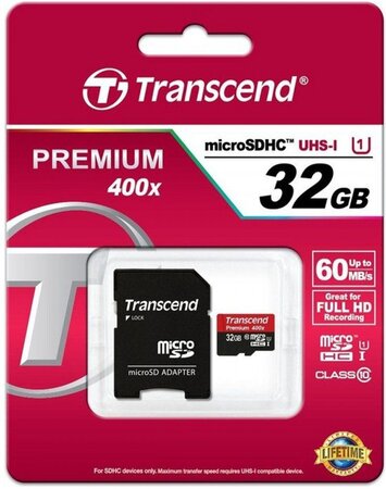 Carte mémoire Micro Secure Digital (micro SD) Transcend 32Go Premium SDHC Class 10 avec adaptateur