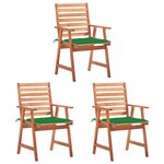 vidaXL Chaises à manger d'extérieur lot de 3 et coussins Acacia massif