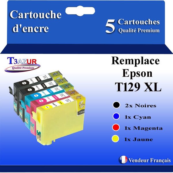 T3AZUR- 5x Cartouches Compatibles avec Epson T1291 T1292 T1293 T1294 remplace Epson WorkForce WF-3010DW WF-3030DTWF WF-3040DTWF WF-3520DWF WF-7015 WF-7515 WF-7525