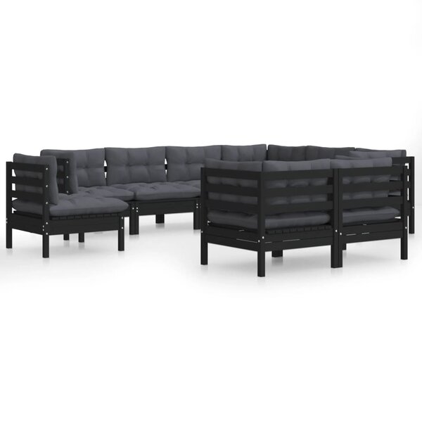 vidaXL Salon de jardin 9 Pièces avec coussins Noir Bois de pin massif