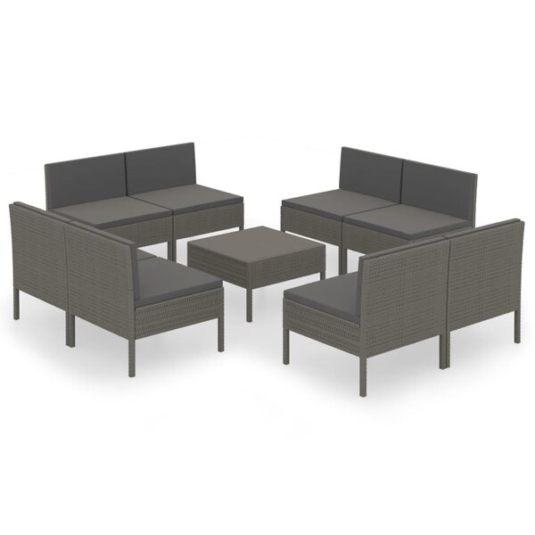 vidaXL Salon de jardin 9 Pièces avec coussins Résine tressée Gris