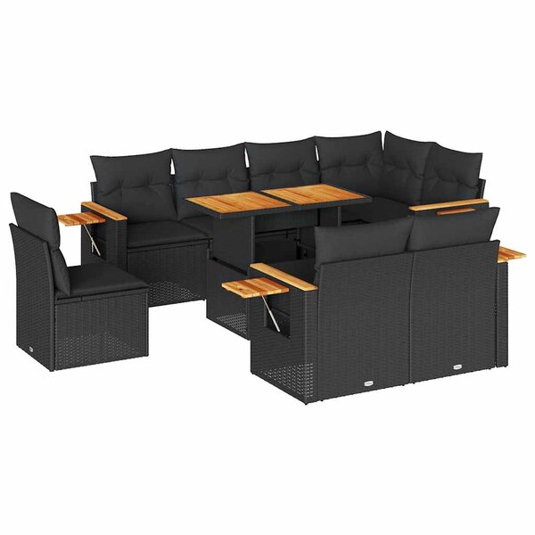 vidaXL Salon de jardin avec coussins 9 Pièces noir résine tressée acacia