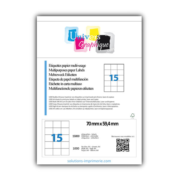 Lot de 1000 planches a4 de 15 étiquettes à bords vifs 70 x 59 4 mm en papier blanc 70g/m² multifonction