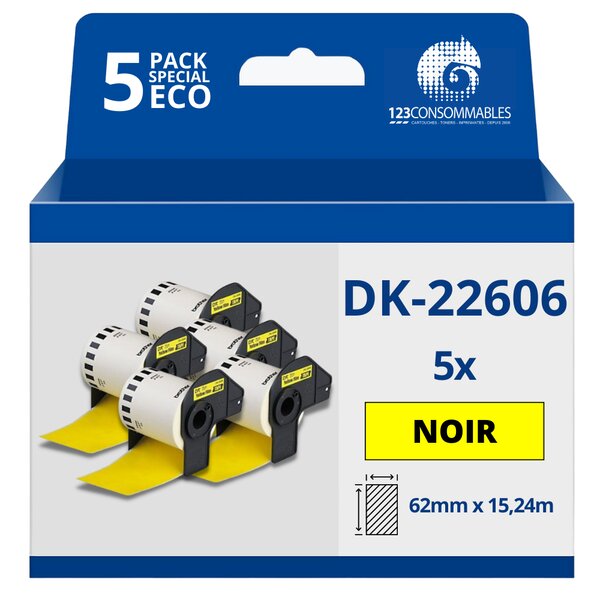 Pack de 5 Rouleaux Étiquettes compatible BROTHER DK-22606 - Largeur 62 mm x 15 24 m - Texte noir sur fond jaune