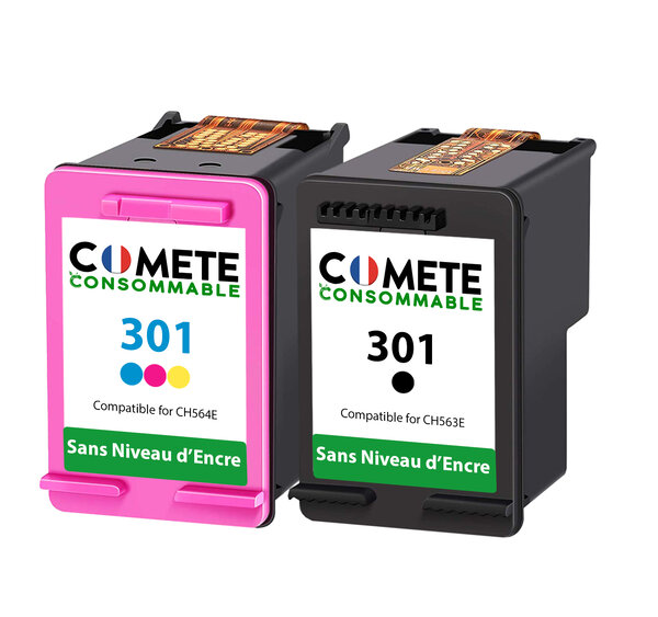 301 - 2 cartouches d'encre compatibles pour HP 301 - sans affichage du niveau d'encre - COMETE