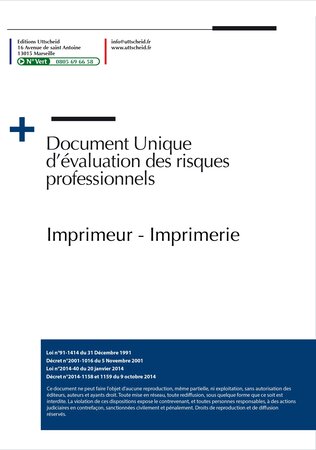Document Unique d'évaluation des risques professionnels métier (Pré-rempli) : Imprimeur - Imprimerie - Version 2024 UTTSCHEID
