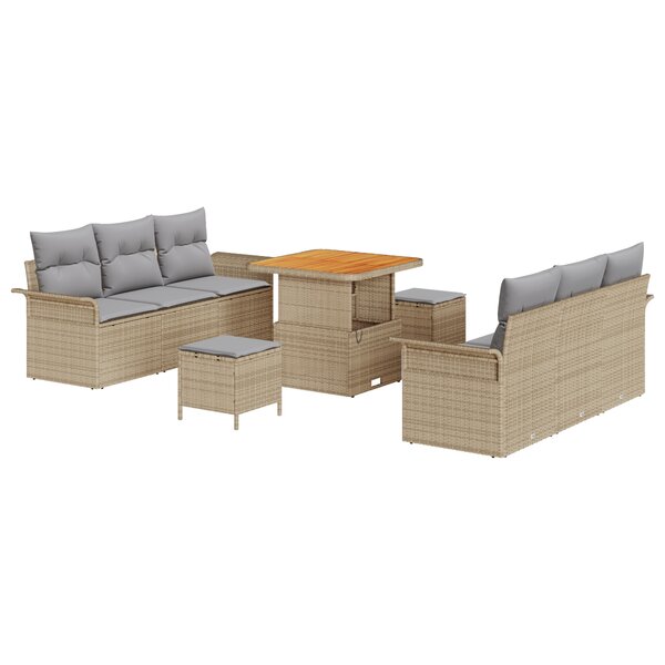 vidaXL Ensemble de canapé de jardin 9 pièces avec des coussins beiges en rotin synthétique et acacia.
