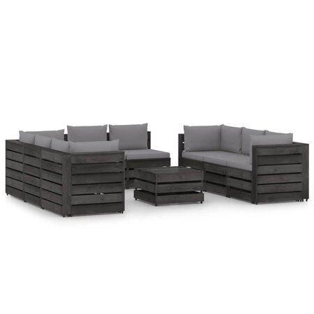 vidaXL Salon de jardin 9 Pièces avec coussins Bois imprégné de gris