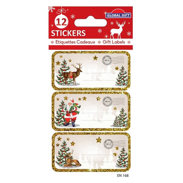 12 étiquettes adhésives de Noël - Cerfs de Laponie et Père Noël
