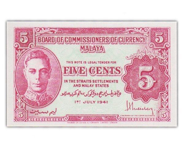 Billet de Collection 5 Cents 1941 (1945) Malaya - Neuf - P7a