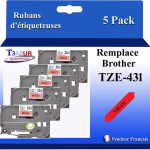 5x  Rubans d'étiqueteuses compatibles avec Brother Tze431  Tze-431 pour étiqueteuses P-touch - Texte noir sur fond rouge - Largeur 12 mm x 8 mètres - T3AZUR