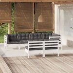 vidaXL Salon de jardin 7 Pièces avec coussins Blanc Bois de pin massif