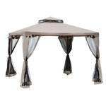 Pavillon de jardin tonnelle barnum style colonial double toit toiles moustiquaires amovibles zippées taupe