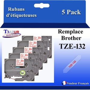5x Rubans d'étiqueteuses compatibles avec Brother Tze132  Tze-132 pour étiqueteuses P-touch - Texte rouge sur fond transparent - Largeur 12 mm x 8 mètres
