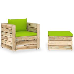 vidaXL Salon de jardin 2 Pièces avec coussins Bois imprégné de vert