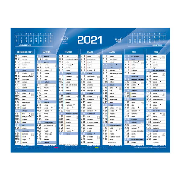 Calendrier Mural  2021 - 14 Mois - 27 x 21 cm - Couleur Bleu