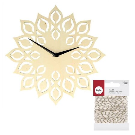 Horloge en bois fleur Ø 30 cm + Ficelle dorée & blanche 15 m