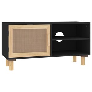 vidaXL Meuble TV Noir 80x30x40 cm Bois de pin massif et rotin naturel
