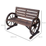 Banc de jardin 3 places style rustique chic accoudoirs roues charette bois sapin traité carbonisation