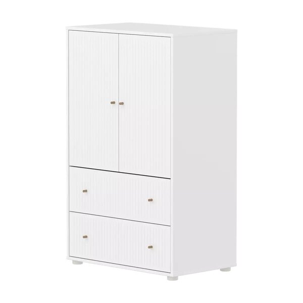 Flexa SAGA Armoire 2 portes et 2 tiroirs a facades rainurees Blanche Boutons en chene