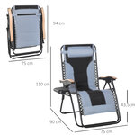 Chaise longue pliable zéro gravité dossier réglable tablette tétière métal époxy polyester coton gris noir