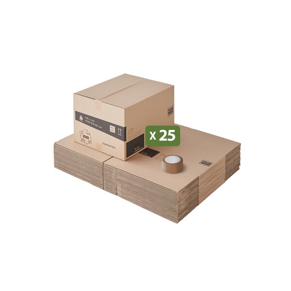Pack and Move - Lot 25 cartons déménagement hauteur modubale : variable - 50 x 40 x 20-30 cm - Poignées renforcées - 1 adhésif offert