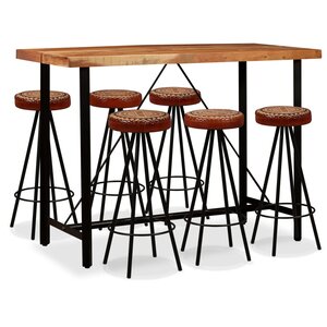 vidaXL Ensemble de bar 7 Pièces Bois d'acacia Cuir véritable et toile
