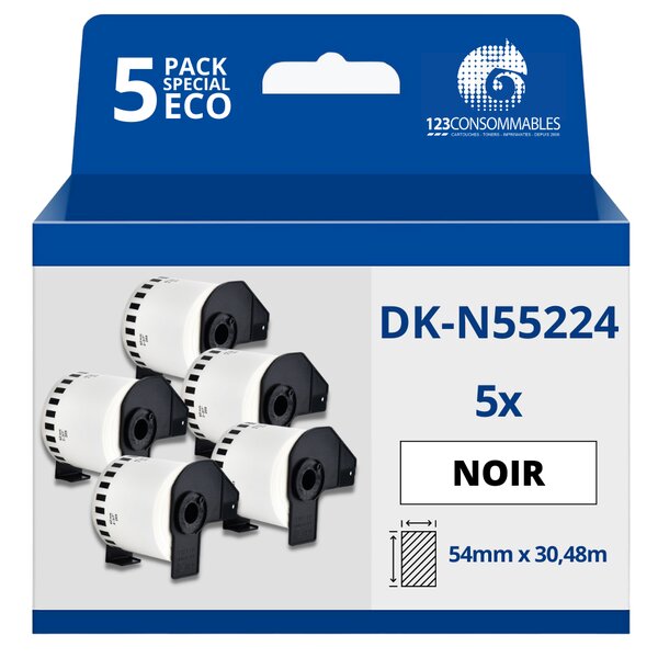 Pack de 5 Rouleaux Étiquettes non adhésives compatible BROTHER DK-N55224 - Largeur 54 mm x 30 48 m