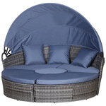 Lit canapé de jardin modulable grand confort pare-soleil pliable 5 coussins 3 oreillers 180L x 175l x 147H cm résine tressée grise polyester bleu