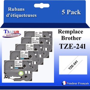 5x Rubans d'étiqueteuses compatibles avec Brother Tze241  Tze-241 pour étiqueteuses P-touch - Texte noir sur fond blanc - Largeur 18 mm x 8 mètres - T3AZUR