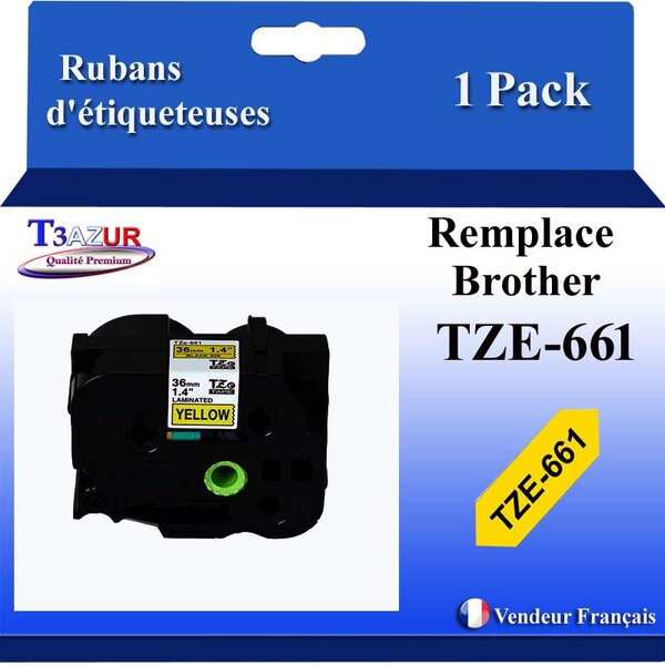 Ruban d'étiqueteuse compatible avec Brother Tze661  Tze-661 pour étiqueteuses P-touch - Texte noir sur fond jaune