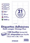 100 planches a4 - 21 étiquettes 63,5 mm x 38,1 mm autocollantes fluo orange par planche pour tous types imprimantes - jet d'encre/laser/photocopieuse