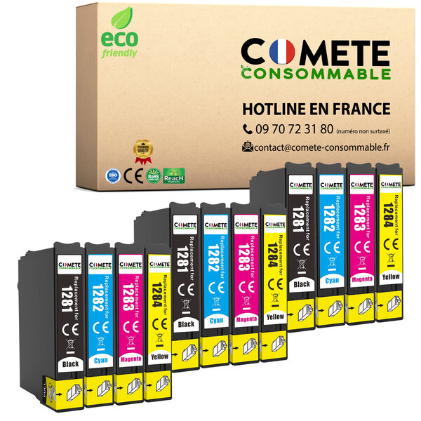 COMETE, entreprise française - T1285-12 Cartouches d'encre Compatibles avec EPSON T1285 Renard (T1281 T1282 T1283 T1284) - pour Epson Stylus T22 Office SX125 SX130 (3 Noir 3 Cyan 3 Magenta 3 Jaune)